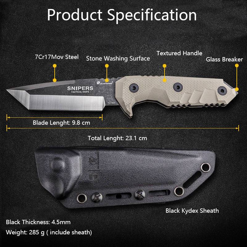 HX OUTDOORS Full Tang Sniper Tactical Knife, 7Cr17Mov Fixed Blade Outdoor Camping Hunting Knife with Non Slip Handle and Kydex Sheath(Brown) - Air Series - HX OUTDOORS